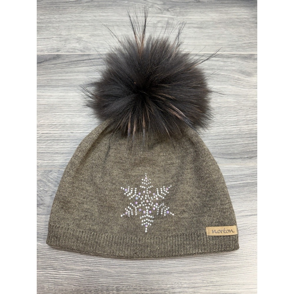 Norton Made In Italy Women's Wool Blend Beanie with Fur Pom Designer Brown Hat